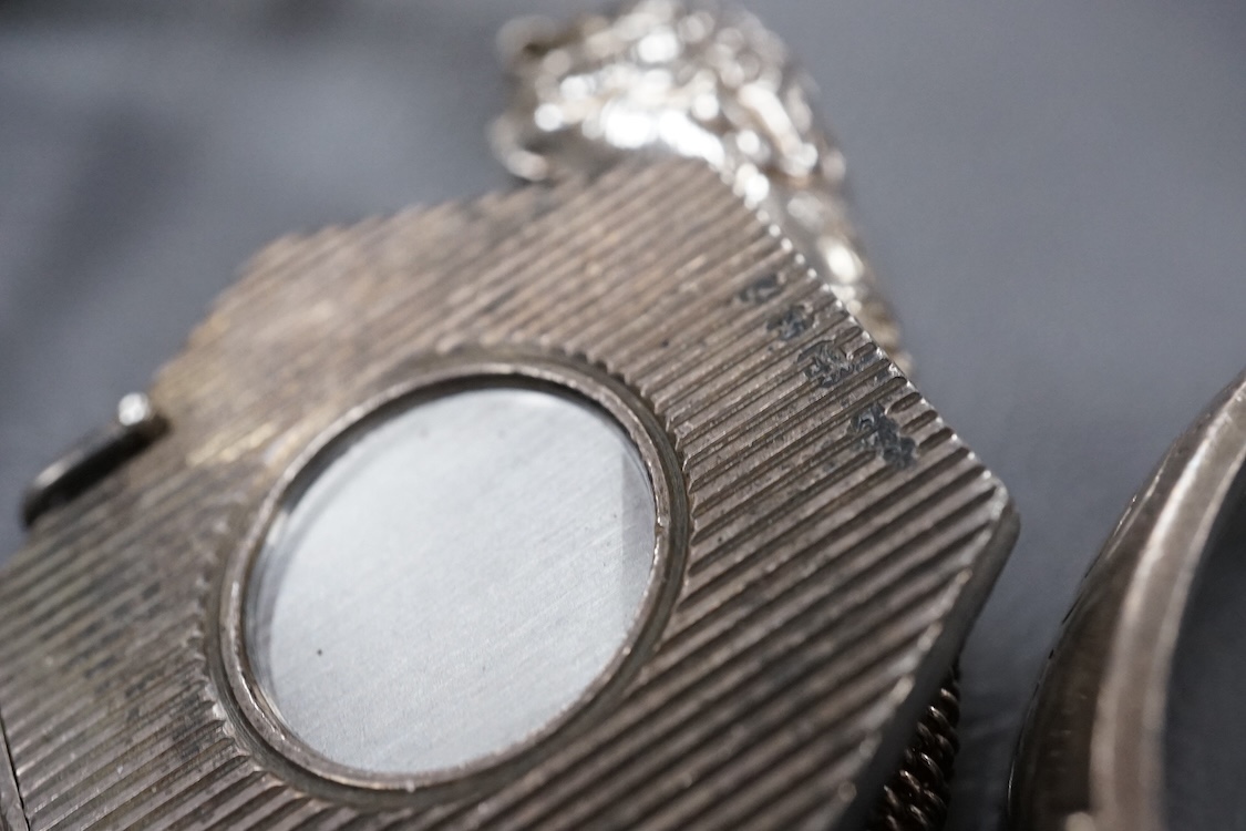 A group of assorted jewellery, including silver and white metal hinged bangles, a 1960's silver mounted cigar cutter by Ramsden & Roed, 925 necklaces and bracelet, etc.